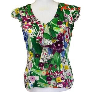 Victor Alfano silk top, 8, green floral, watercolor print, feminine boho, artsy